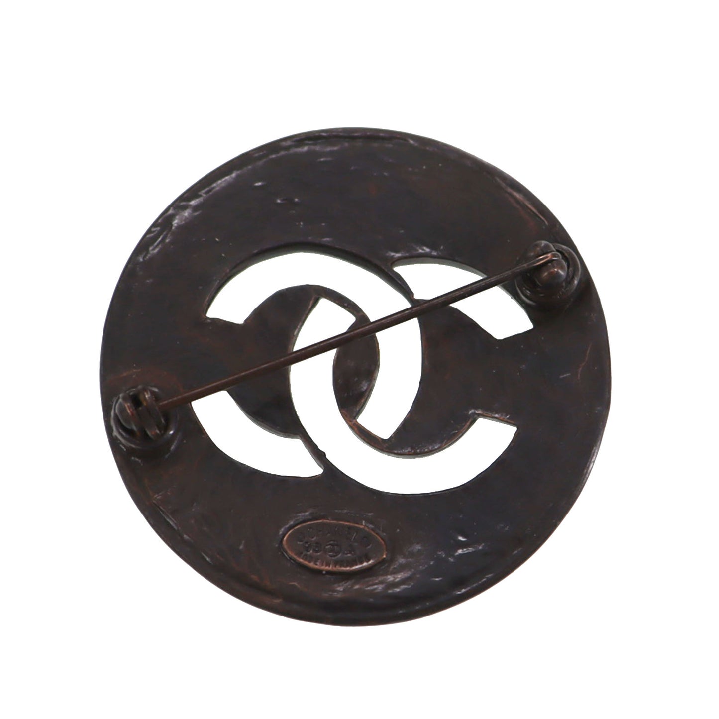 CHANEL CC Logos Circle Pin Brooch Dark Brown 98A #CD873