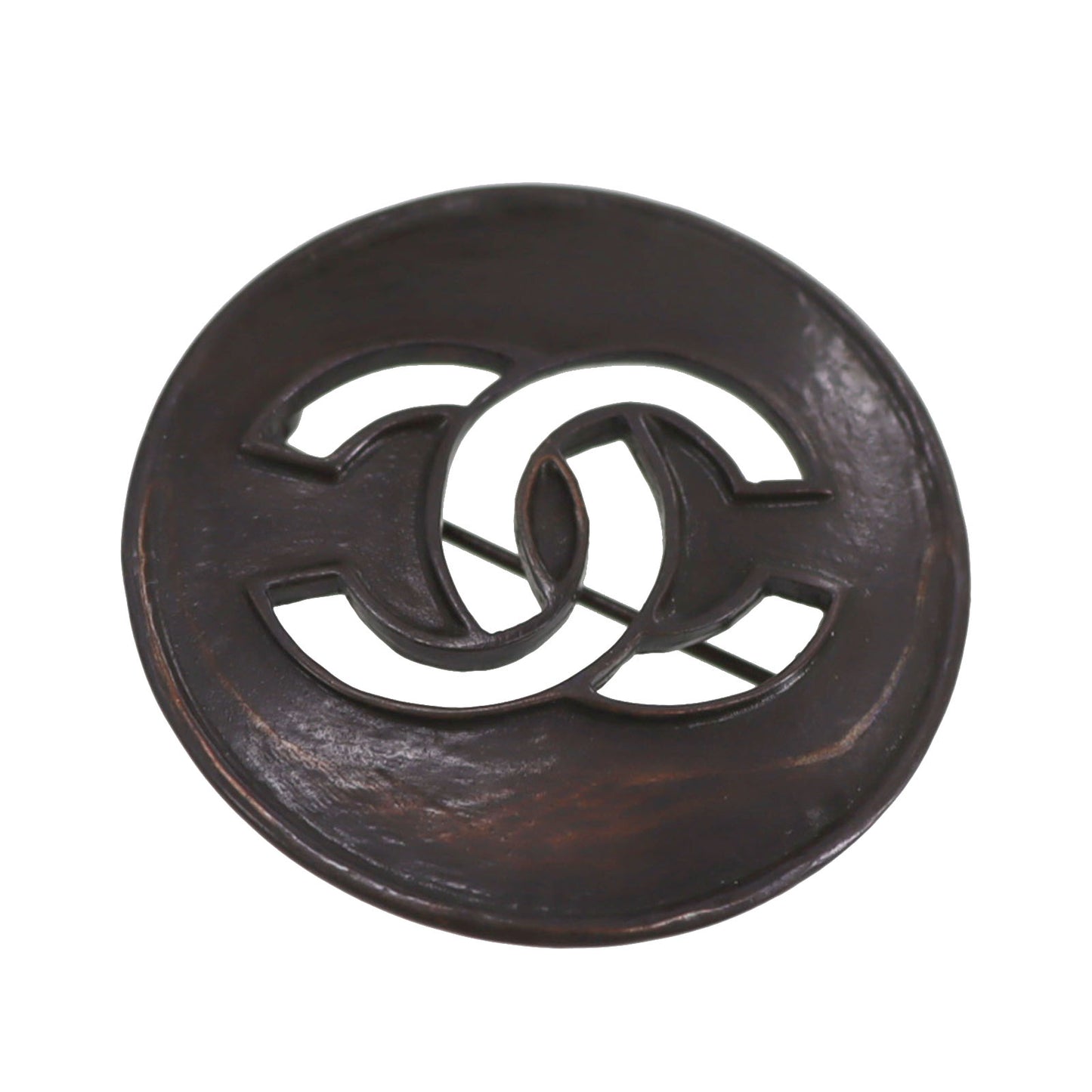 CHANEL CC Logos Circle Pin Brooch Dark Brown 98A #CD873