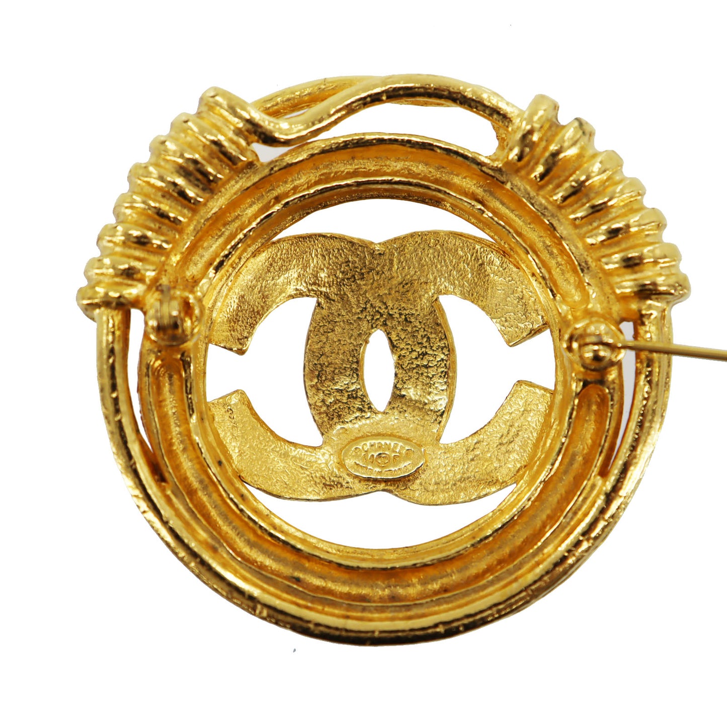 CHANEL CC Logos Round Pin Brooch Gold Plated 94 P #BS720