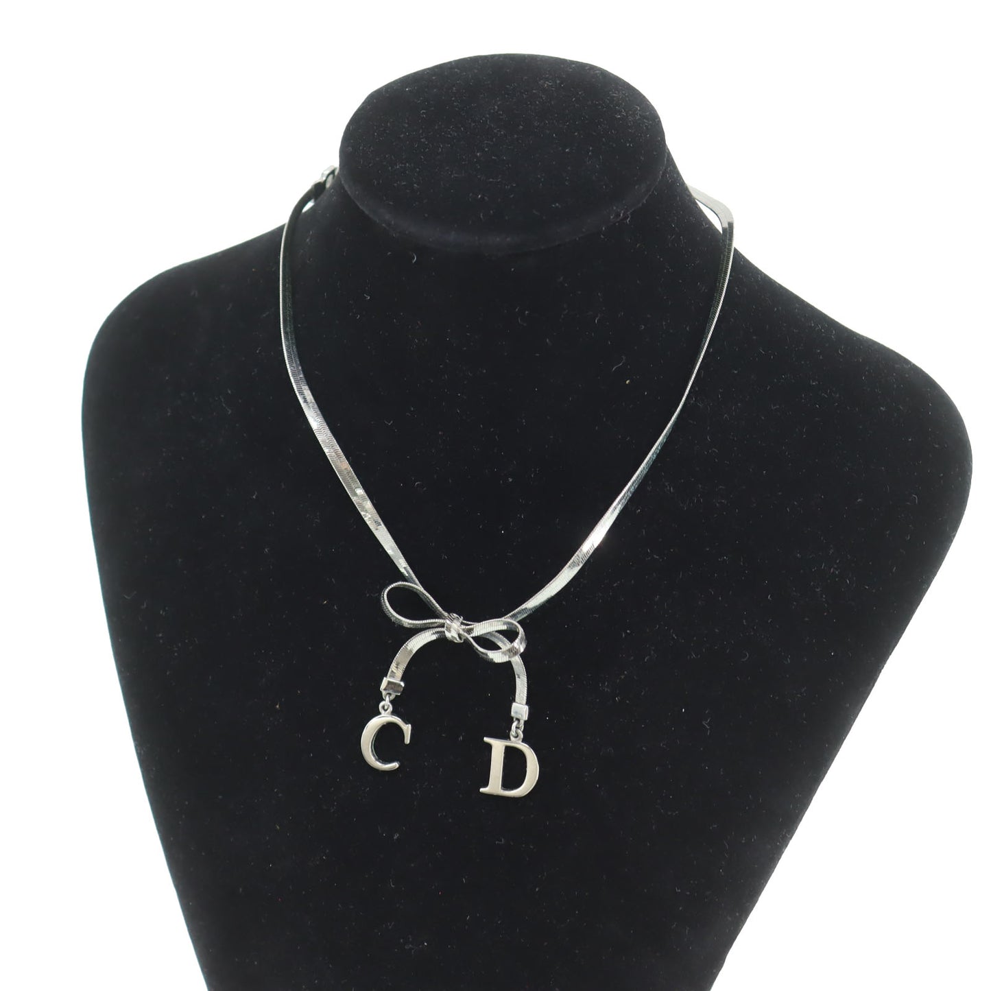 Christian Dior CD Logo Ribbon Choker Black Silver #CP933