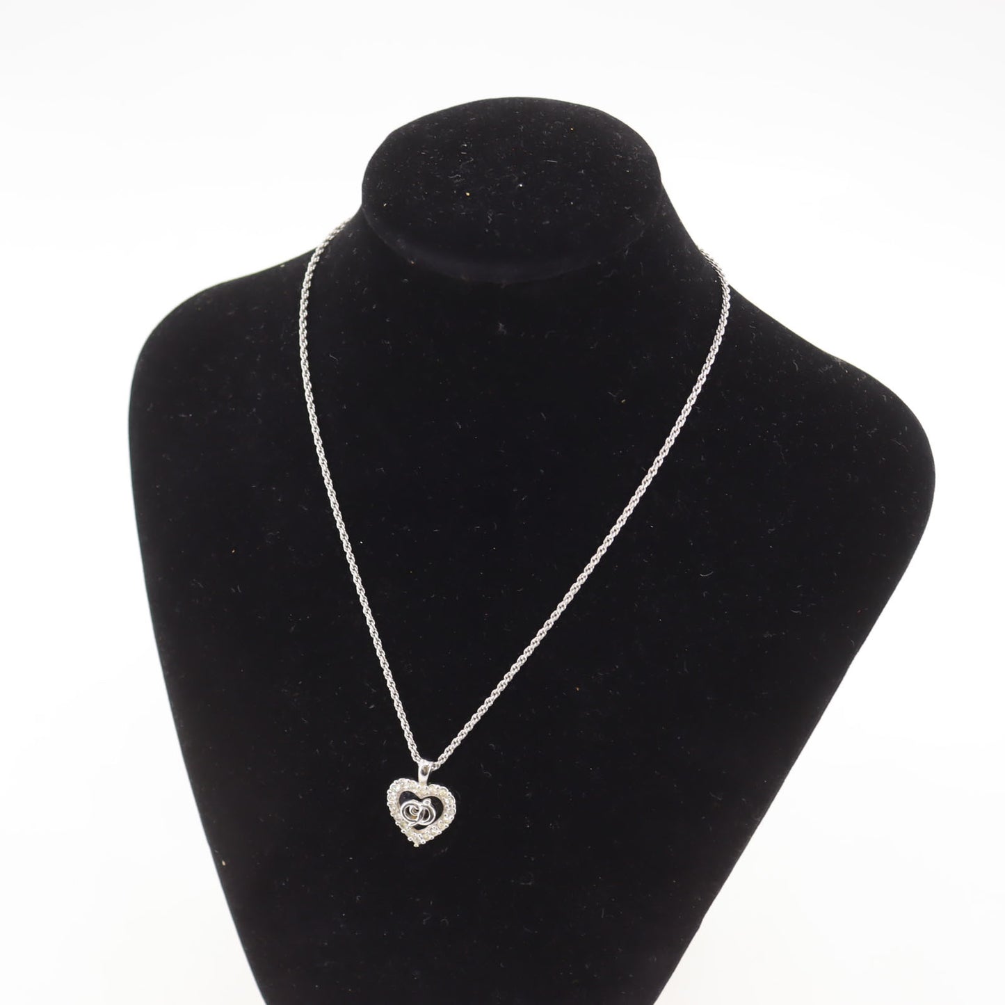 Christian Dior CD Logo Chain Heart Necklace Rhinestone Silver #CR578