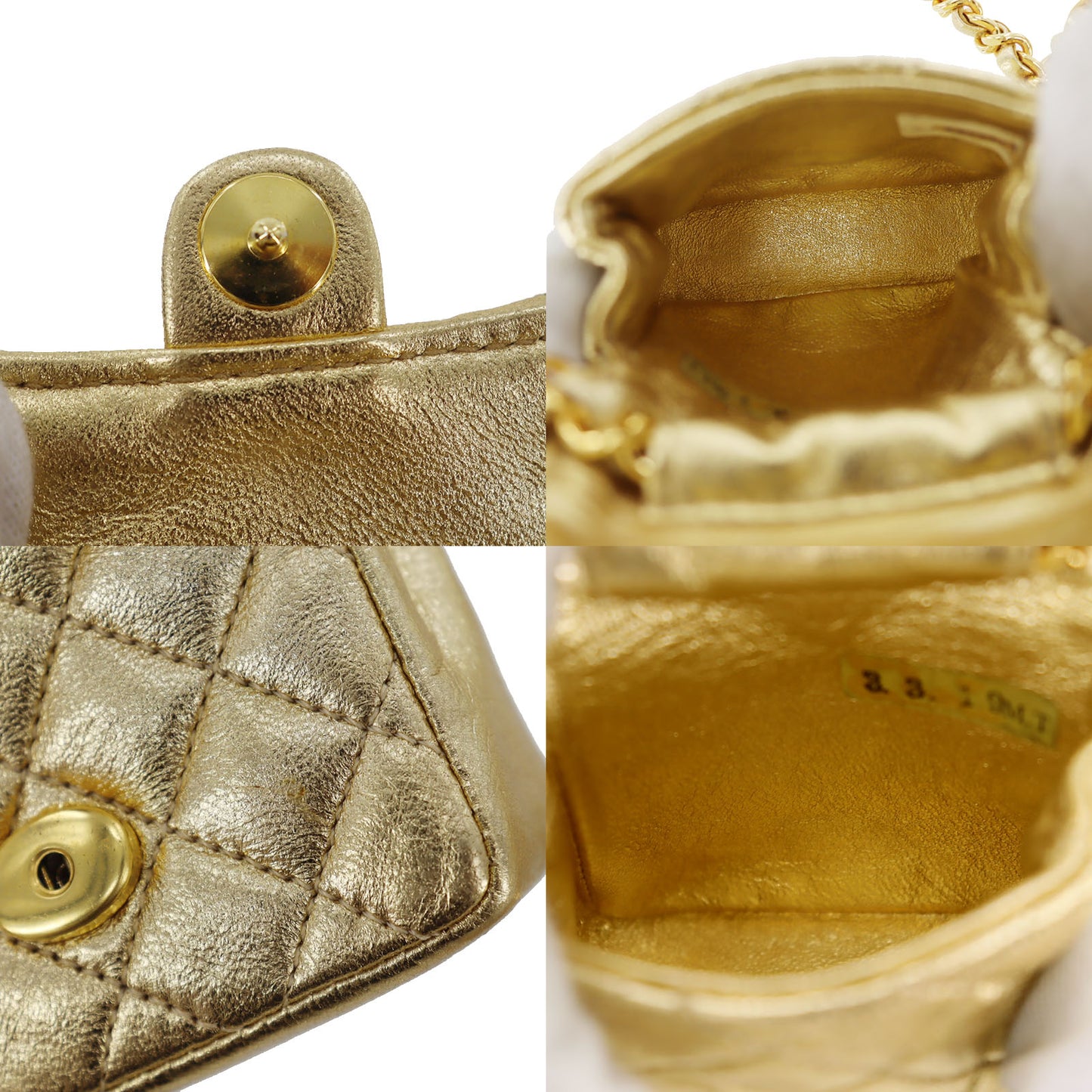 CHANEL Mini Matelasse Used Shoulder Bag Gold Lambskin Leather #CU68