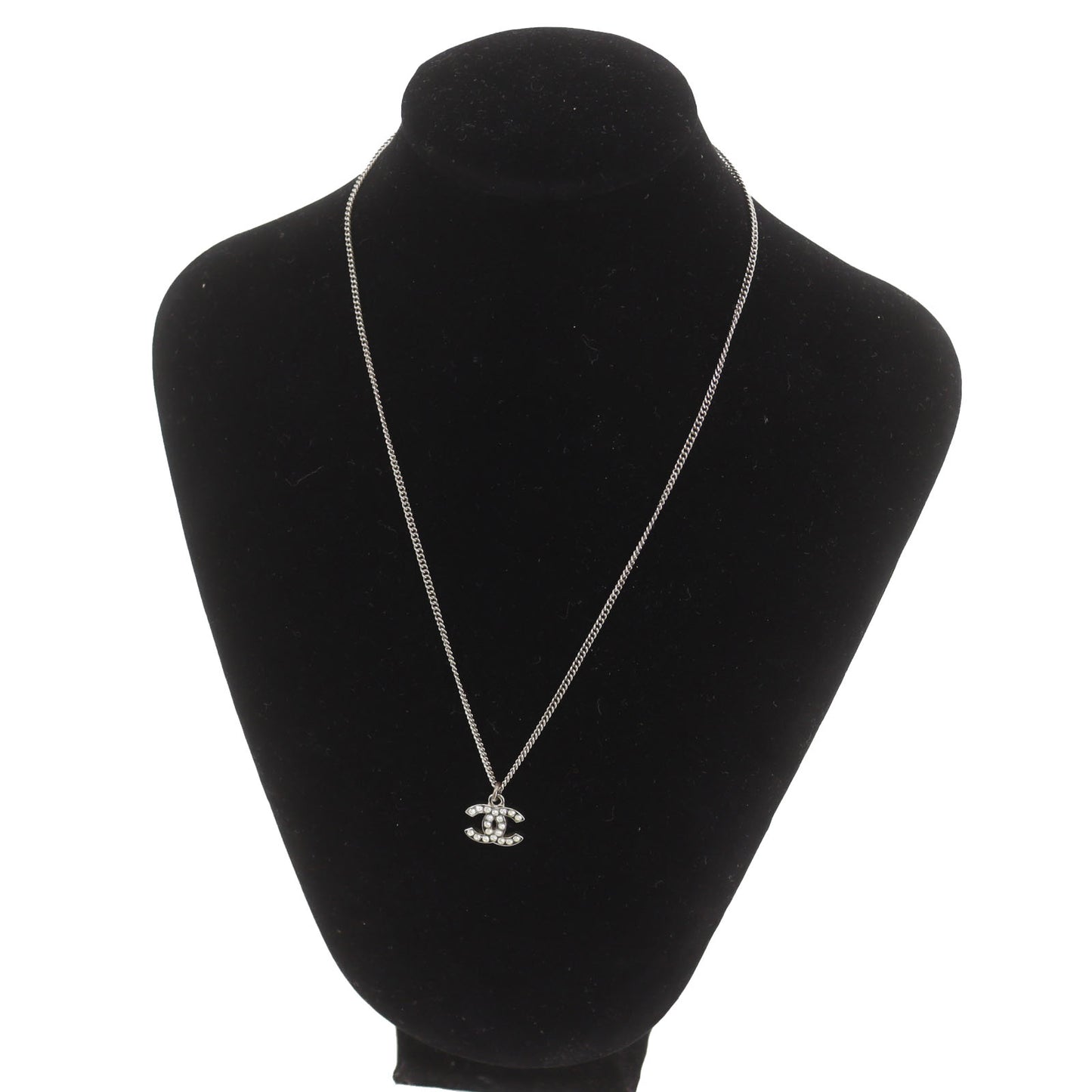 CHANEL CC Logos Rhinestone Silver Plated Chain Necklace C11V #BQ122