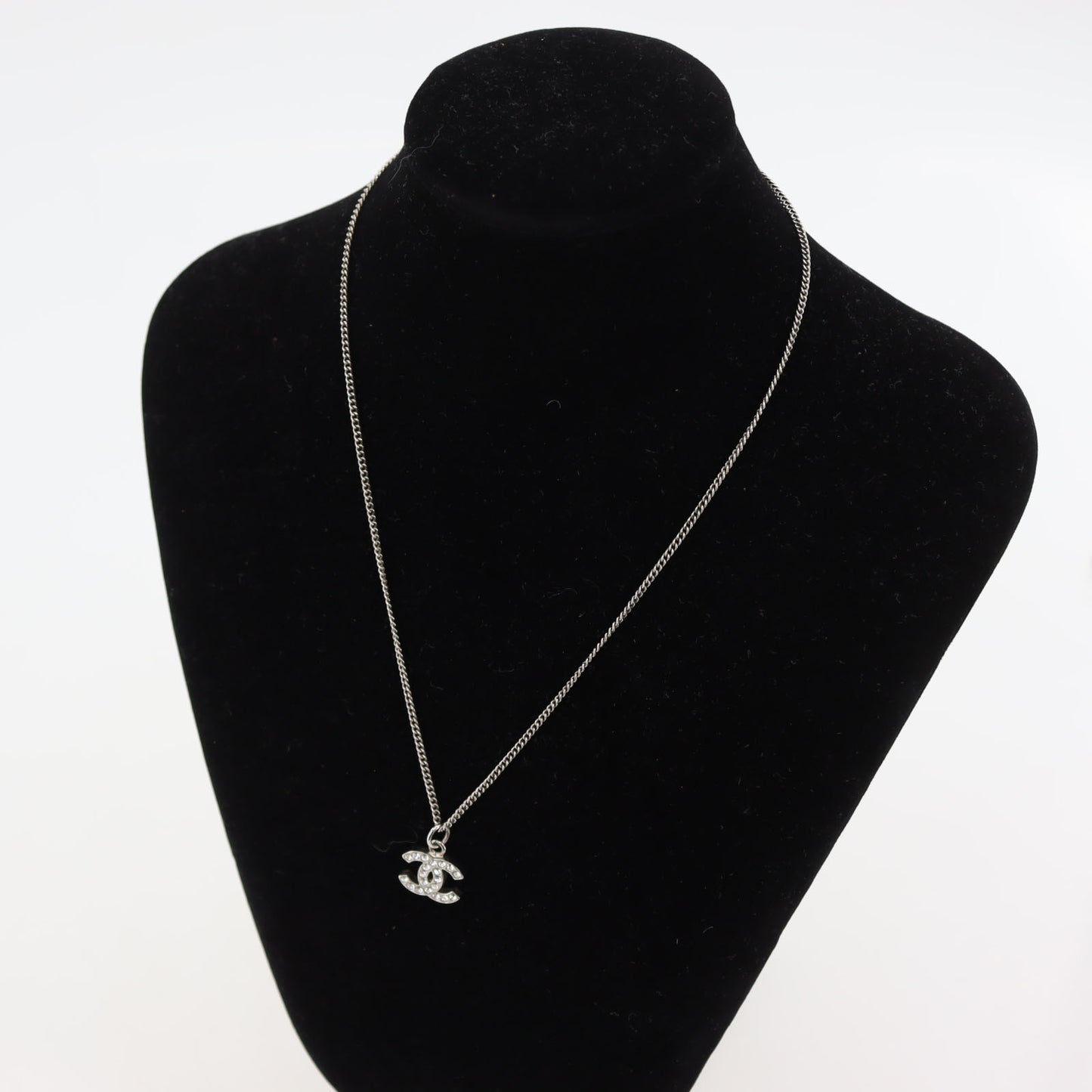 CHANEL CC Logos Rhinestone Silver Plated Chain Necklace B10 V #BX959