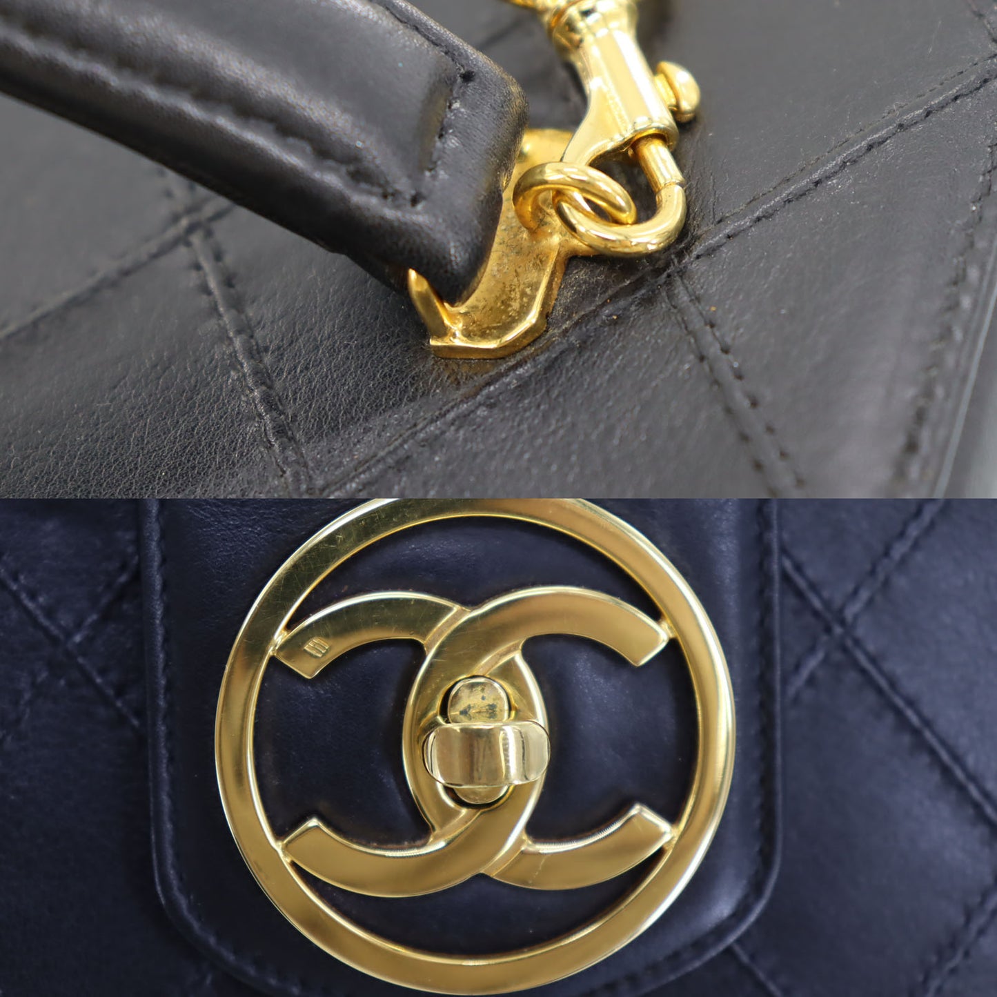 CHANEL Bicolore Handbag Vanity Black Lambskin Leather #AH589