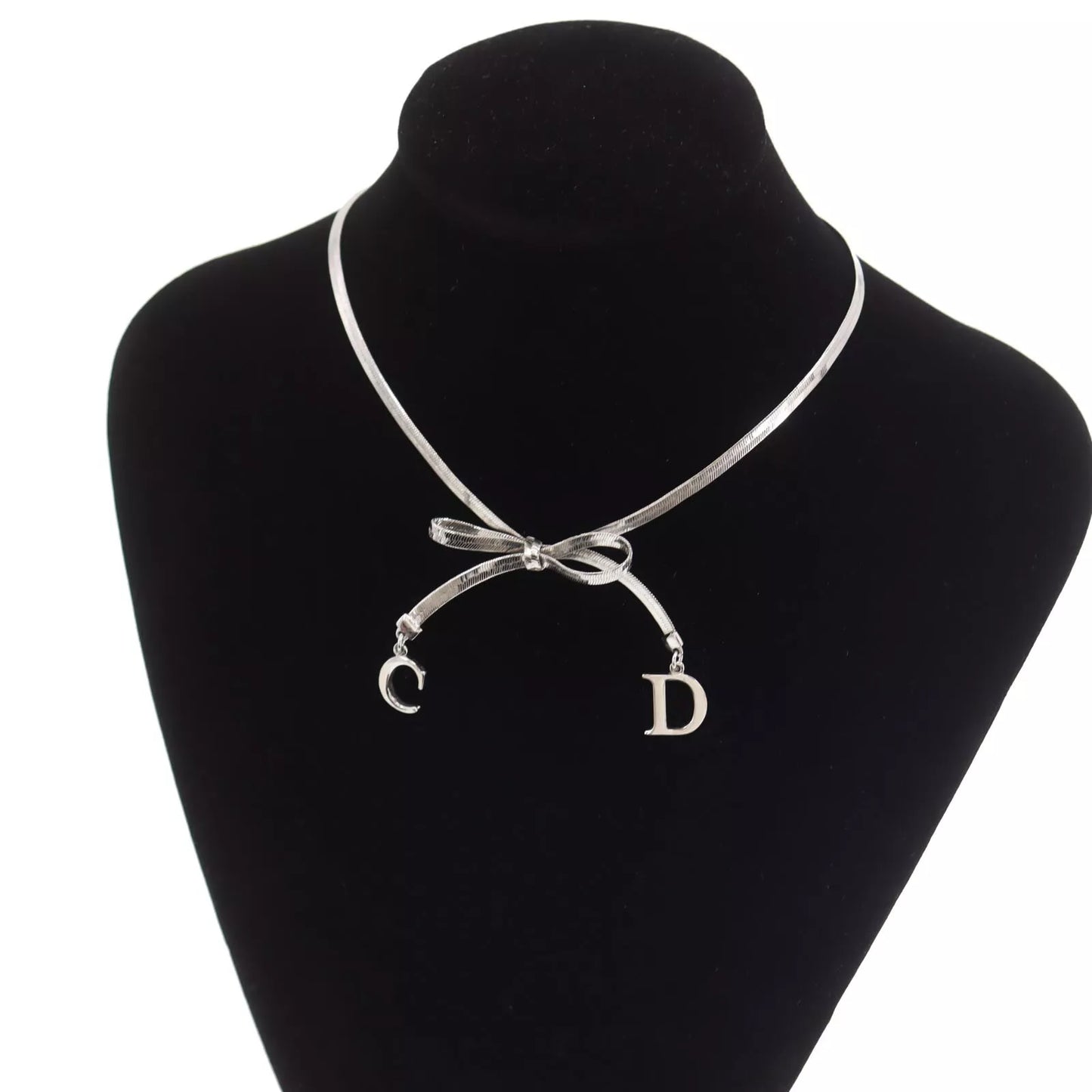 Christian Dior CD Logo Bow Necklace Choker Silver #DA509