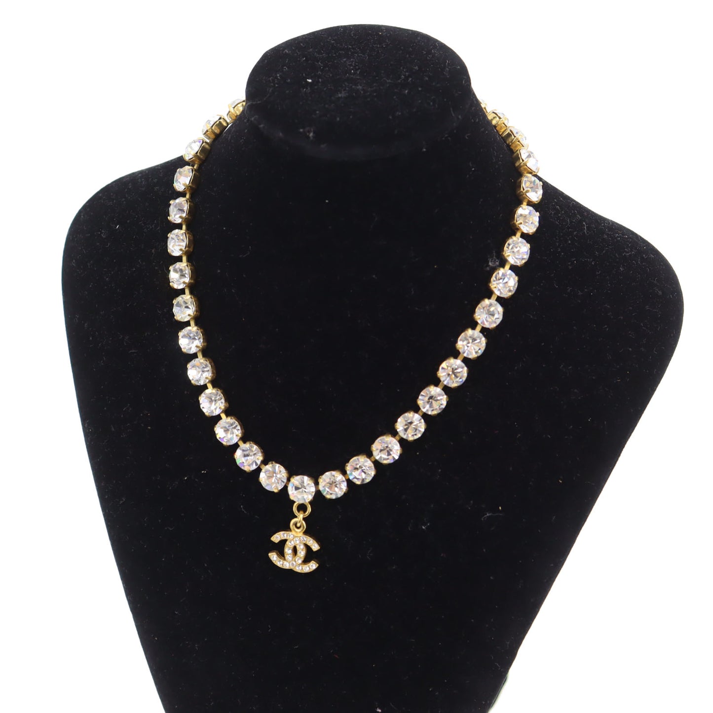 CHANEL Logo Used Chain Necklace Rhinestone Gold 96A #CJ813
