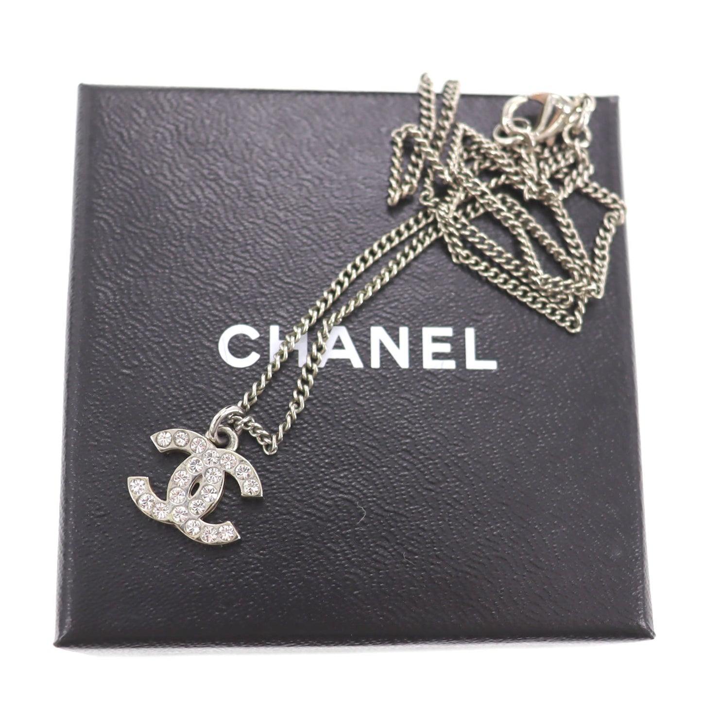 CHANEL CC Logos Necklace Rhinestone Silver F12 W #CN94