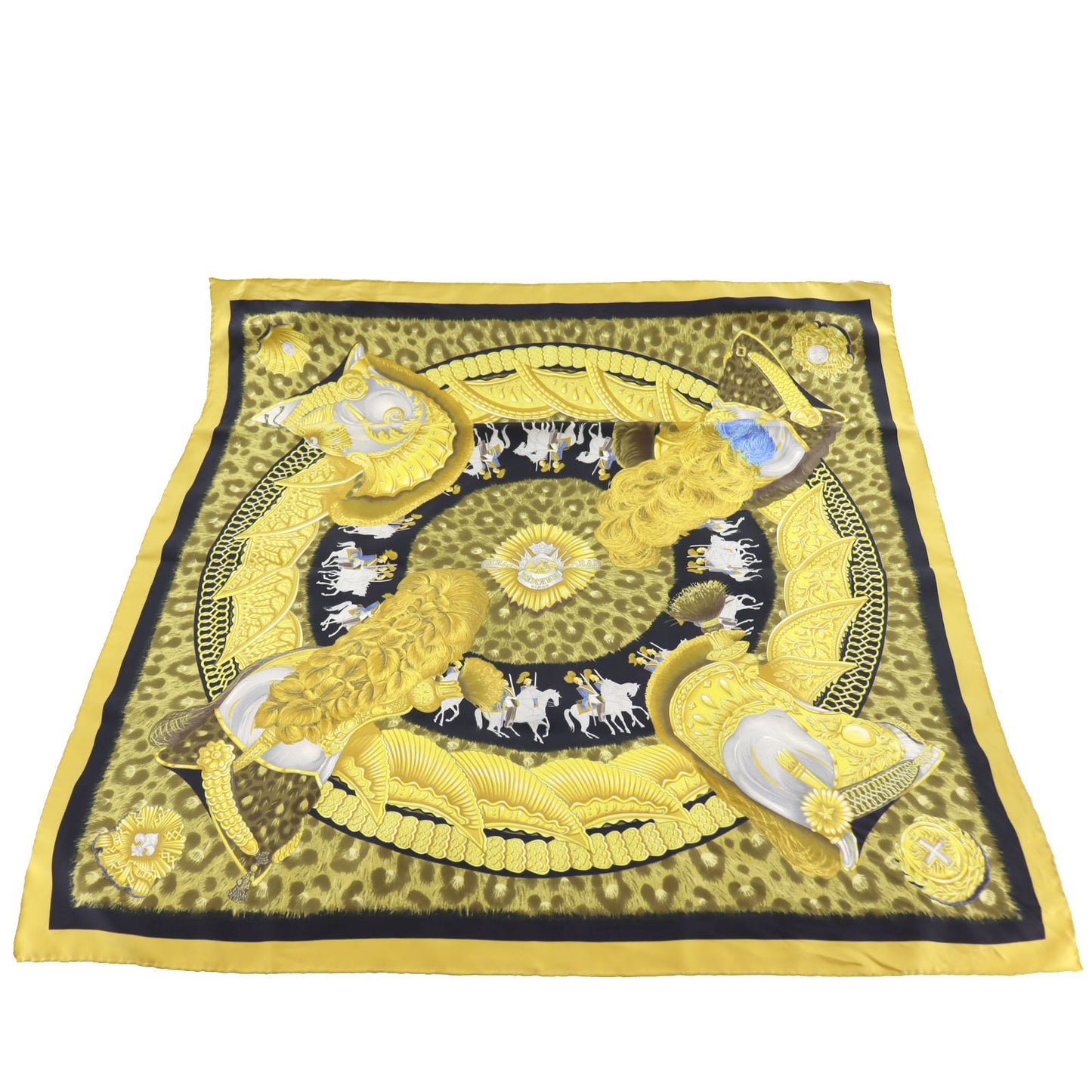 HERMES Logos Scarf Yellow Black 100% Silk #BY468