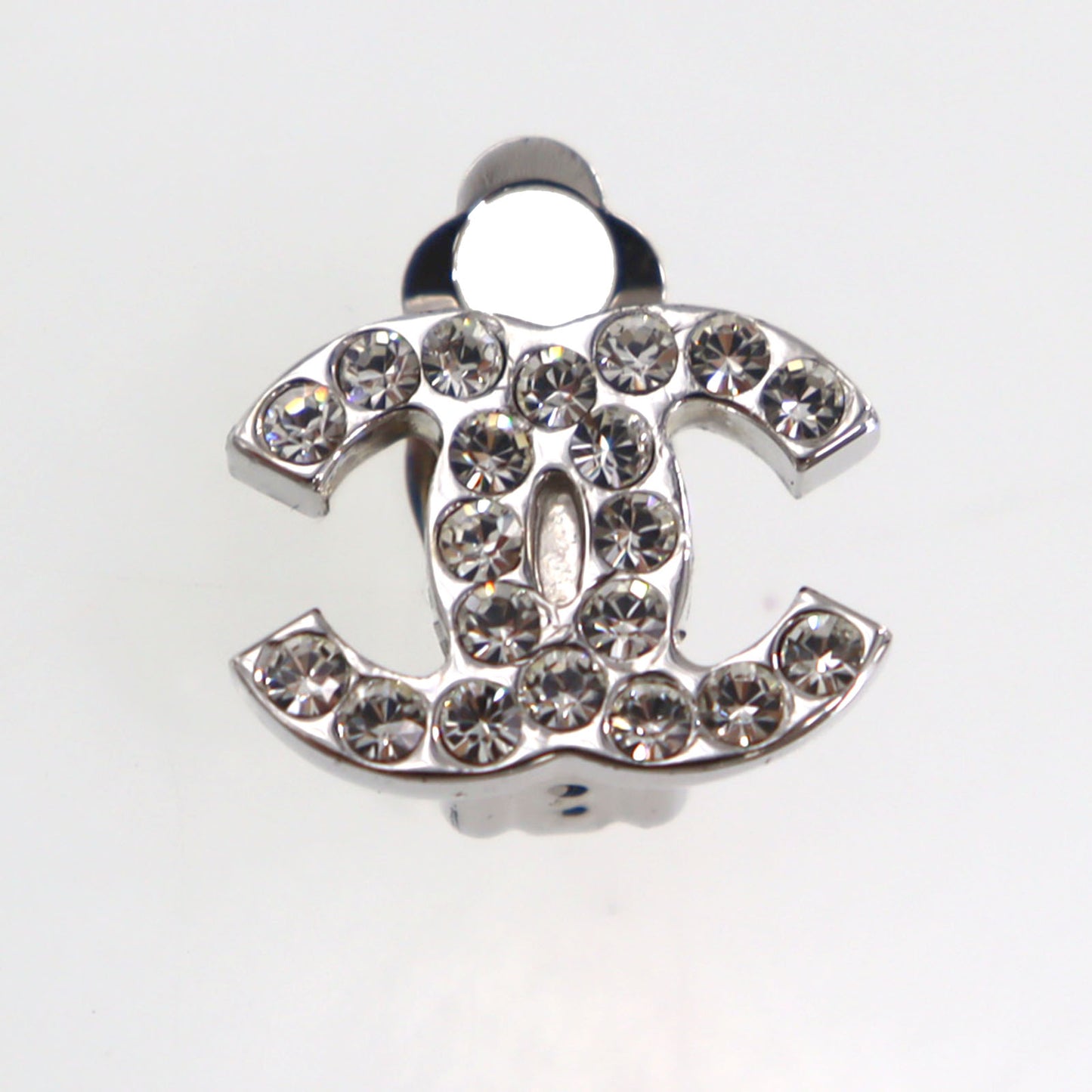 CHANEL CC Logos Rhinestone Earrings Silver Clip-On 04V #CO299