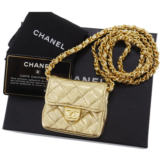 CHANEL Mini Matelasse Used Shoulder Bag Gold Lambskin Leather #CU68