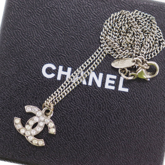 CHANEL CC Logos Rhinestone Silver Plated Chain Necklace C11V #BQ122