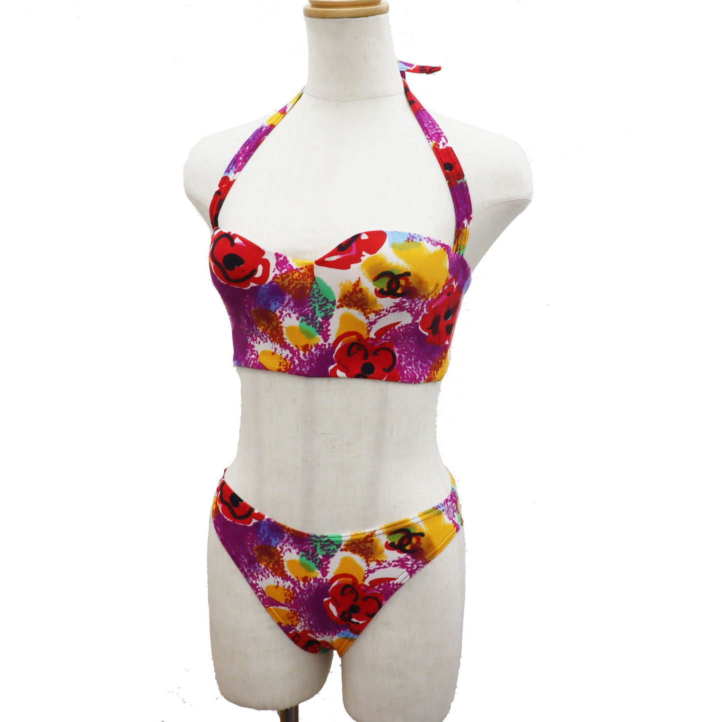 CHANEL Swimwear Flower Bikini Multicolor Nylon Spandex Size 38 #AG358