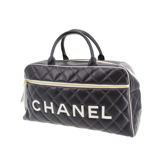 CHANEL Quilted Boston Handbag Black Leather #CK542