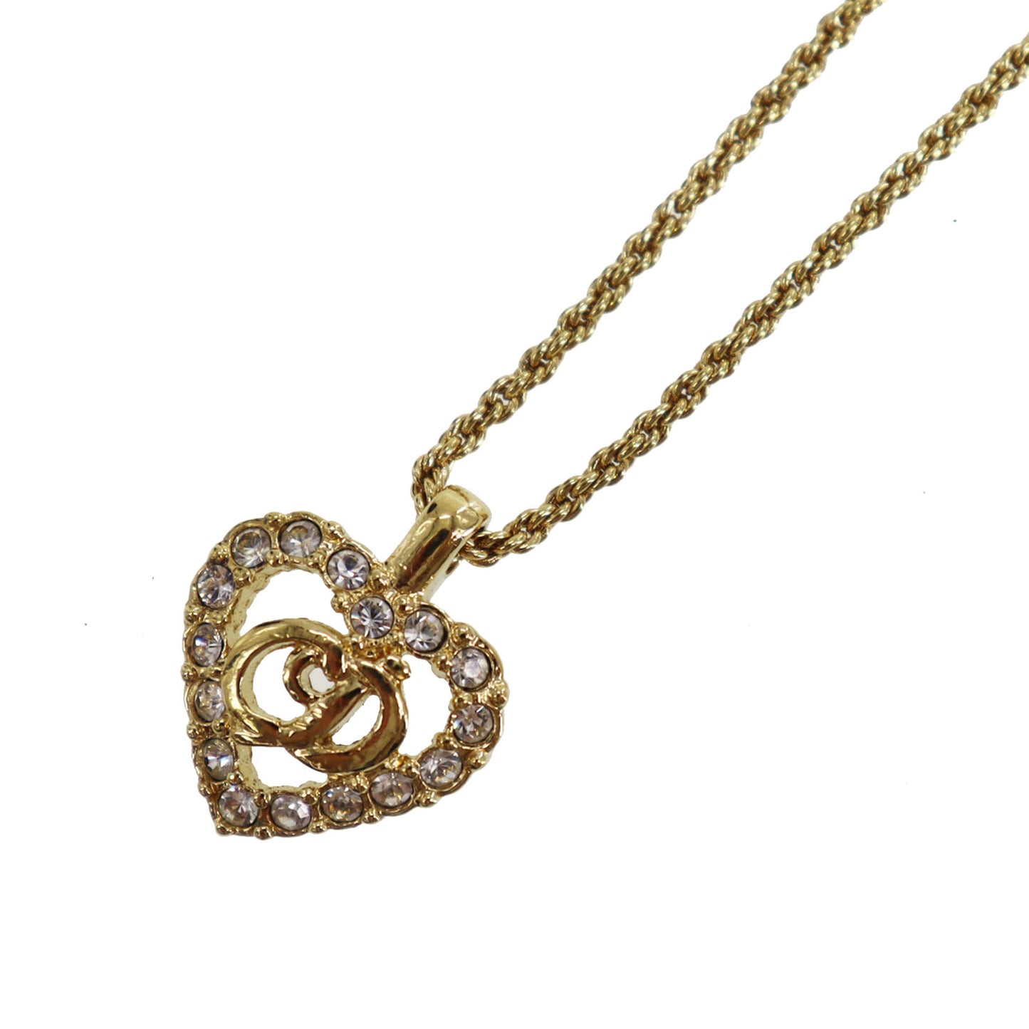 Christian Dior CD Logo Chain Heart Necklace Rhinestone Gold-Plated #CD317