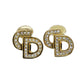 Christian Dior CD Logos Rhinestone Earrings Gold Plated #CB292