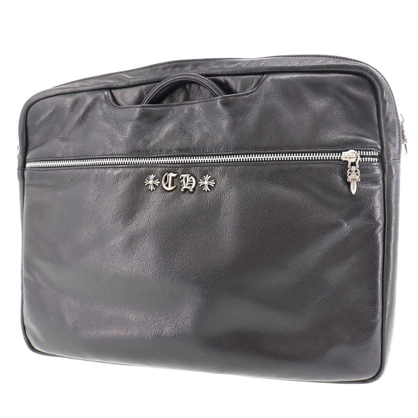 Chrome Hearts Handbag Briefcase Document Case Black Leather Silver #UU984