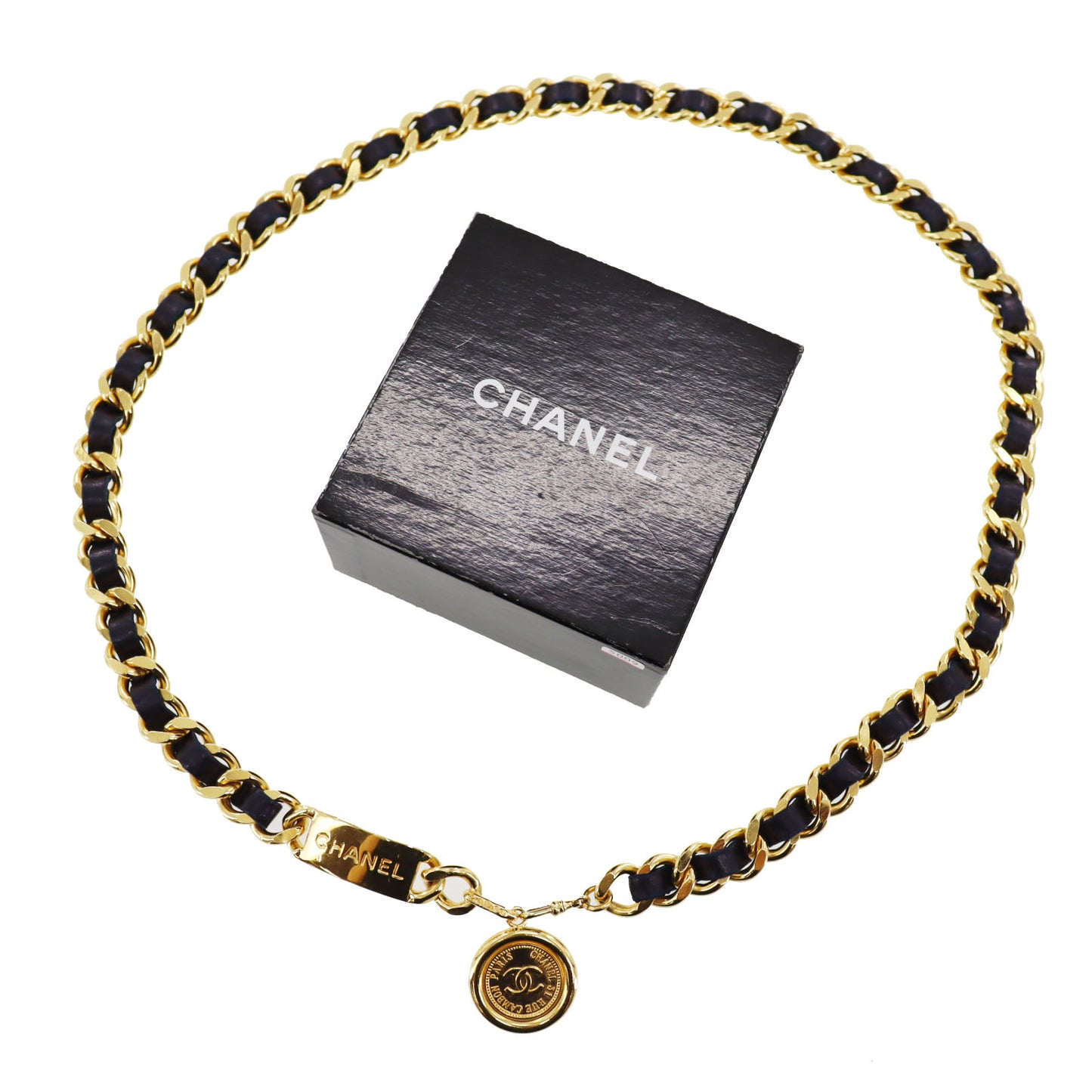 CHANEL CC Logos Chain Waist Belt Gold Navy Leather #BT761