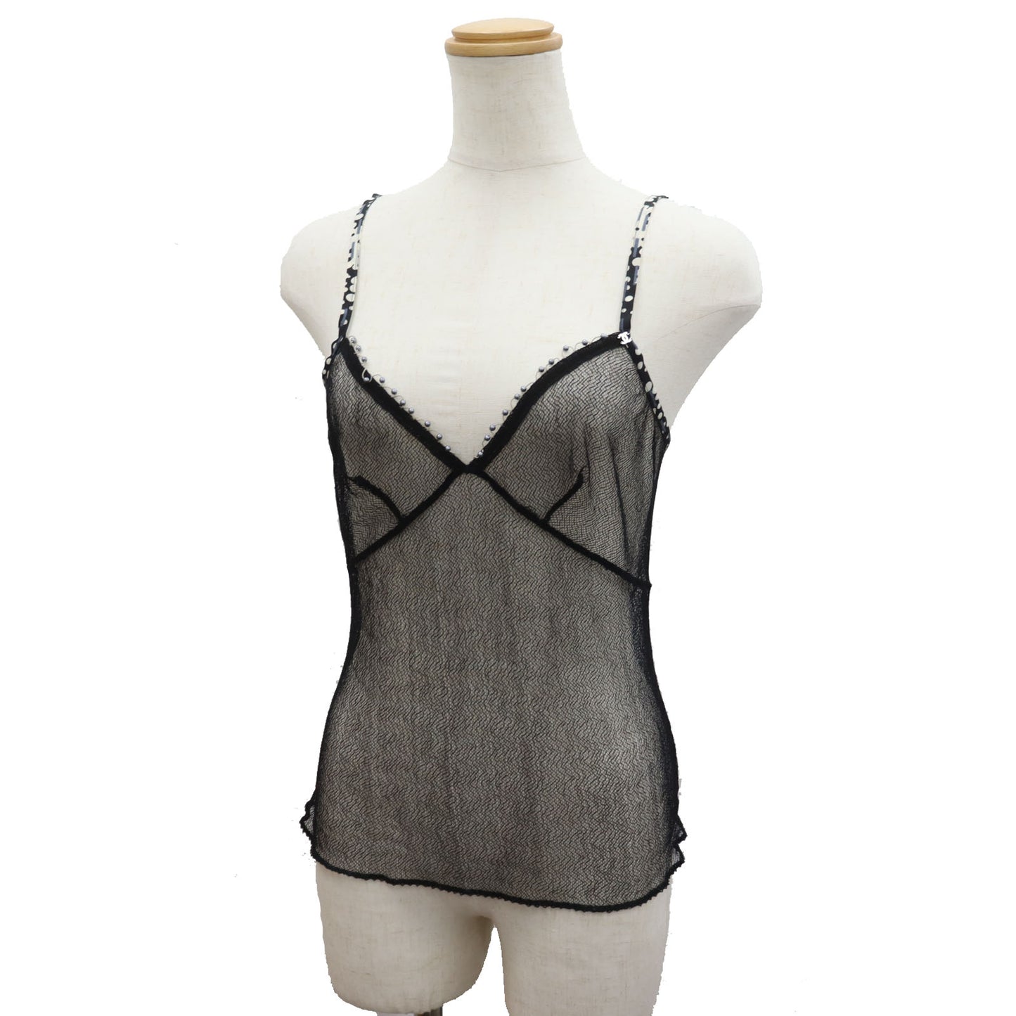 CHANEL Camisole Mesh Beads Black Size 38 #AH106