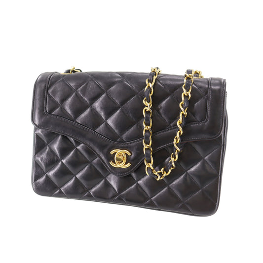 CHANEL Matelasse Shoulder Bag Crossbody Black Lambskin Leather #CD239