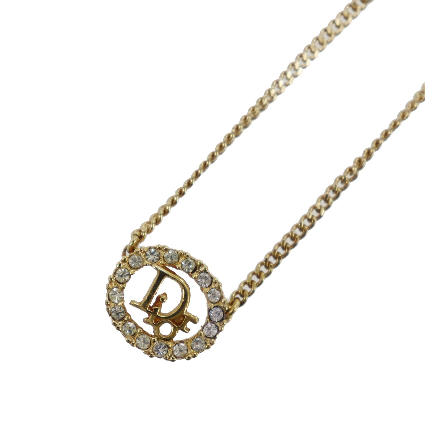 Christian Dior CD Logo Rhinestone Used Chain Necklace Gold Vintage #EB747