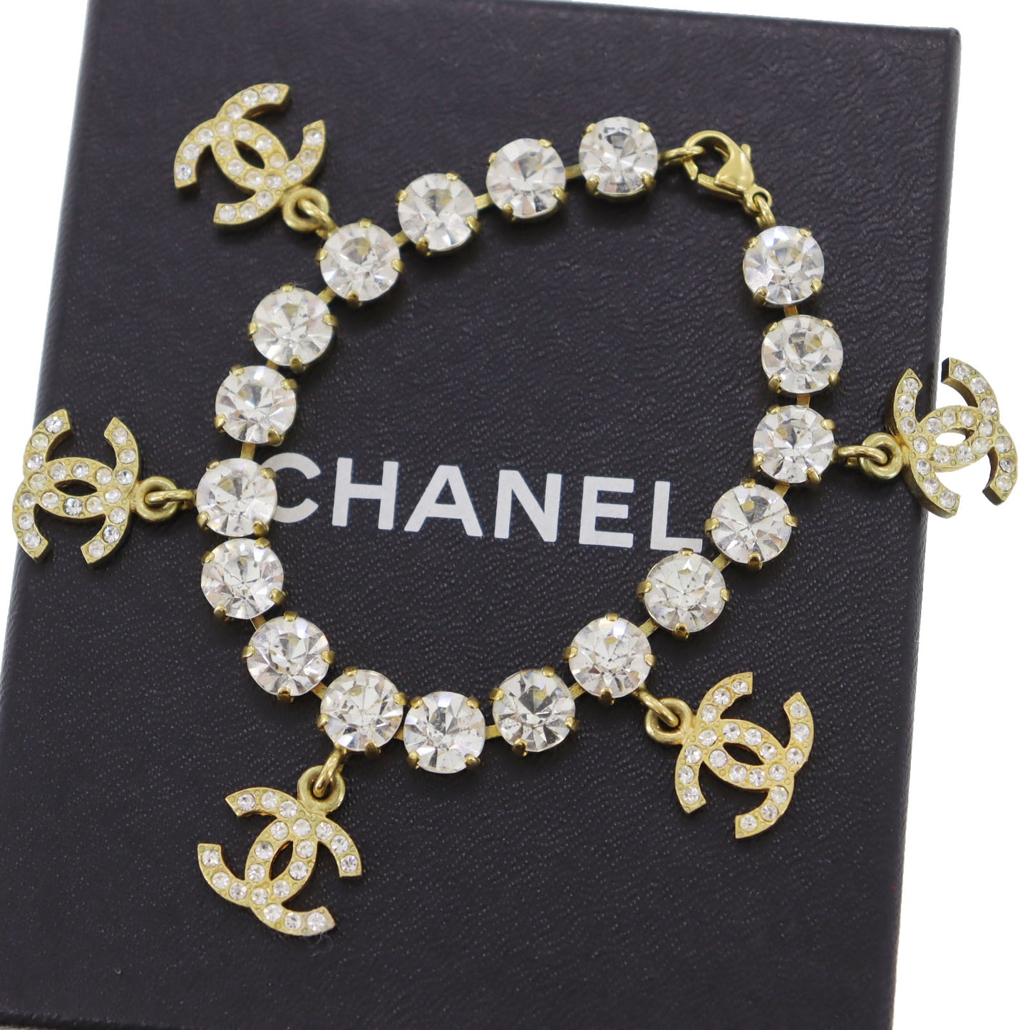 CHANEL CC Logos Rhinestone Bracelet Gold Plated 95 P #CL203