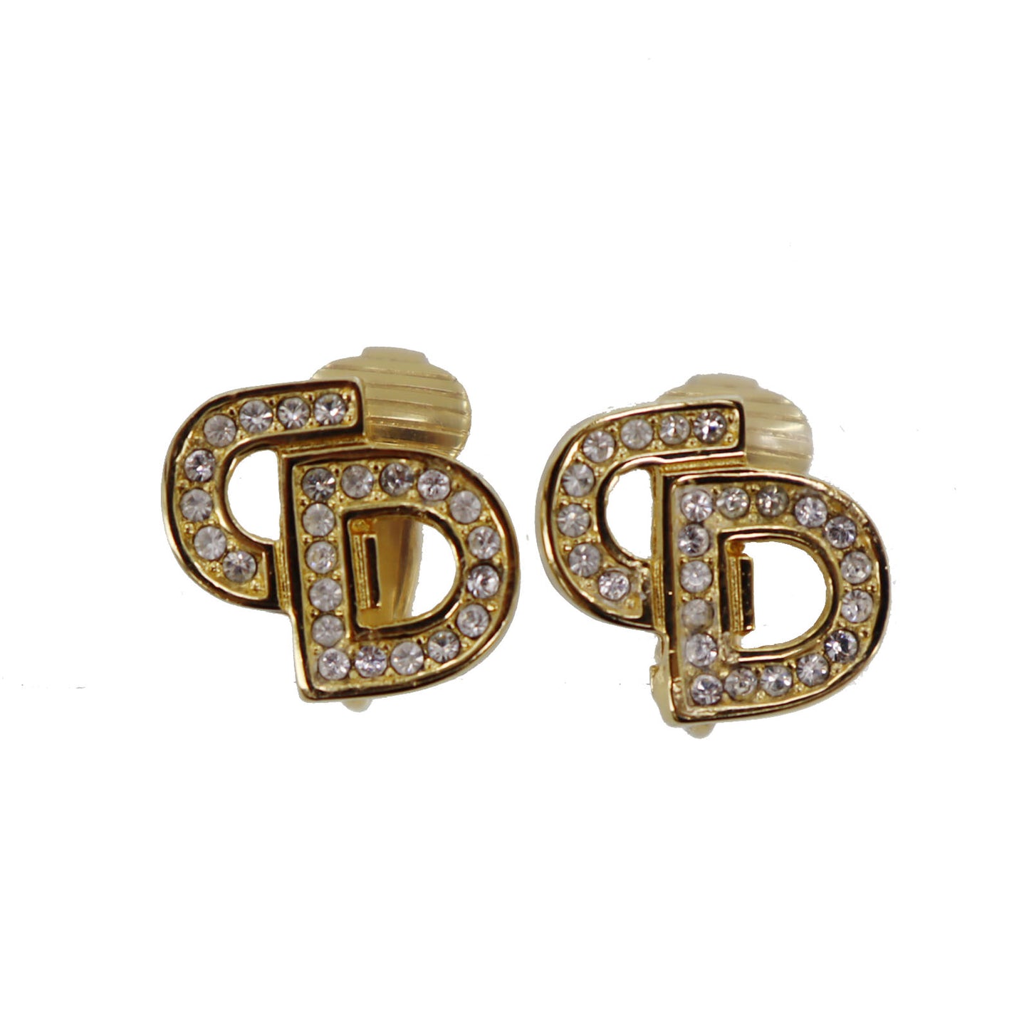 Christian Dior CD Logos Rhinestone Earrings Gold Plated #CB588