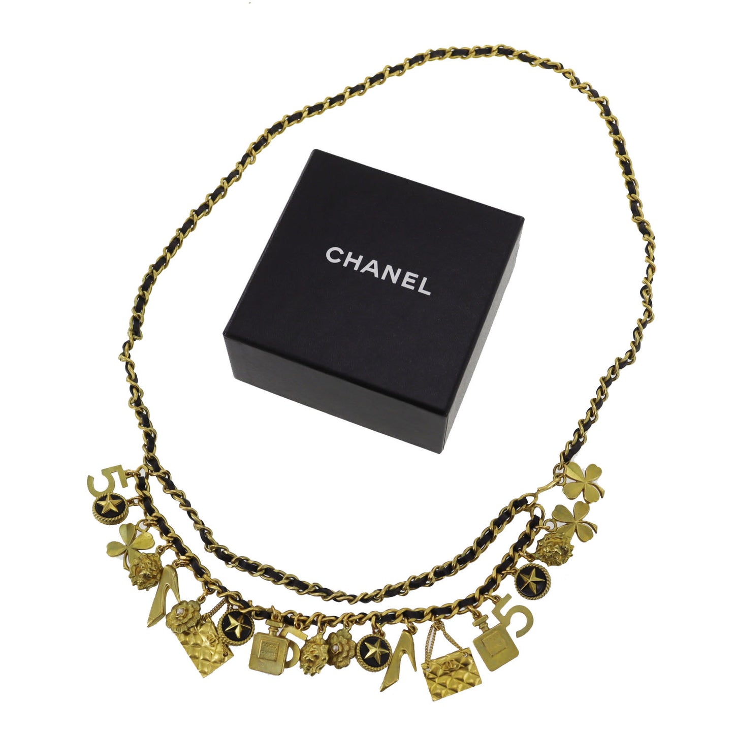 CHANEL Charm Chain Belt Gold Black 94 A #CO631