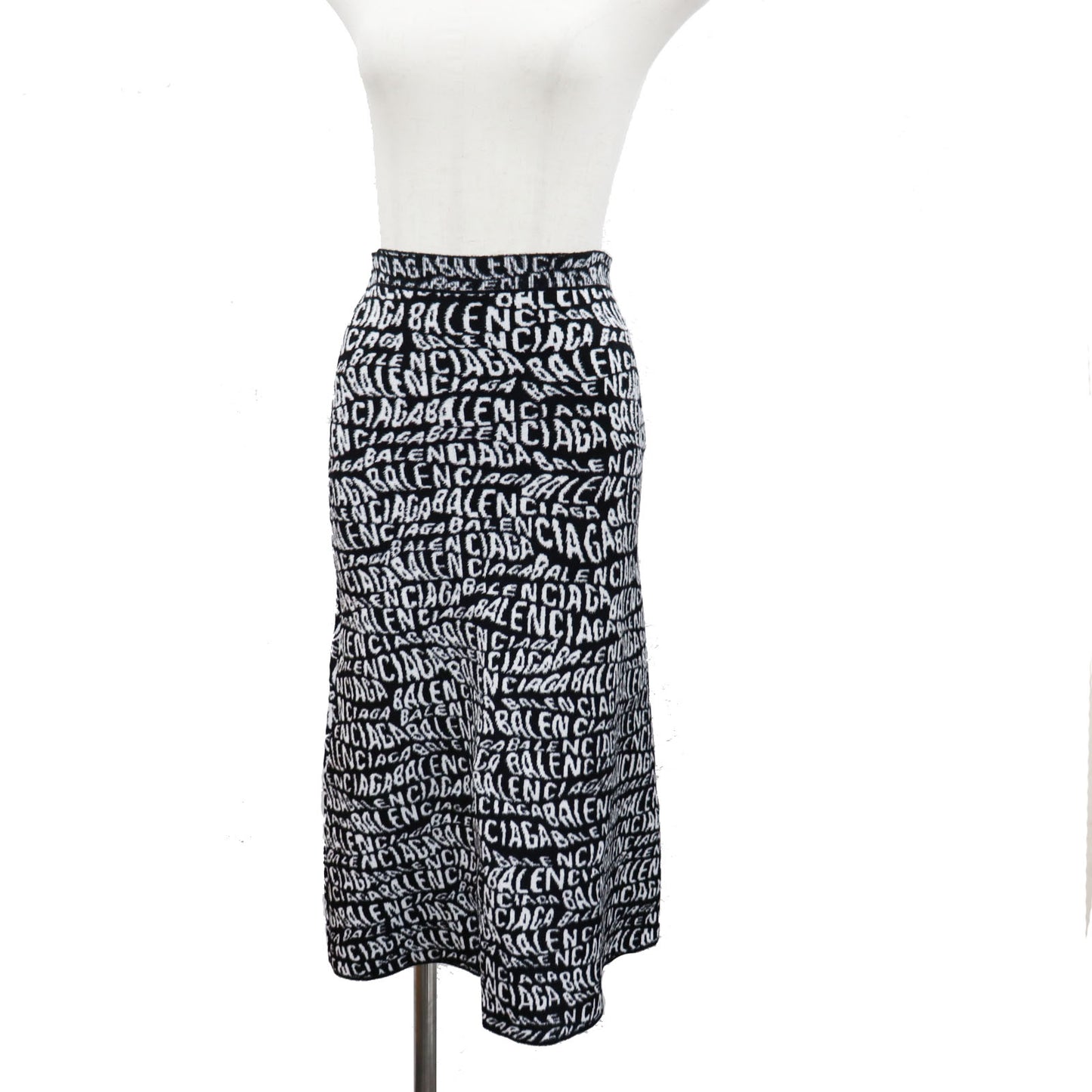 BALENCIAGA Logos Knit Long Skirt Size S Black White #AH680