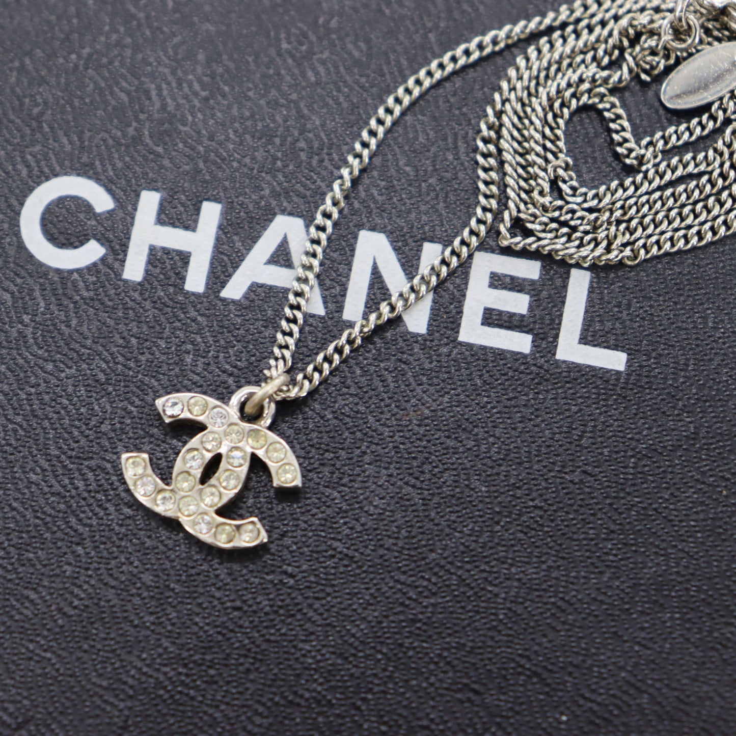 CHANEL CC Logos Rhinestone Silver Plated Chain Necklace C11V #BQ122