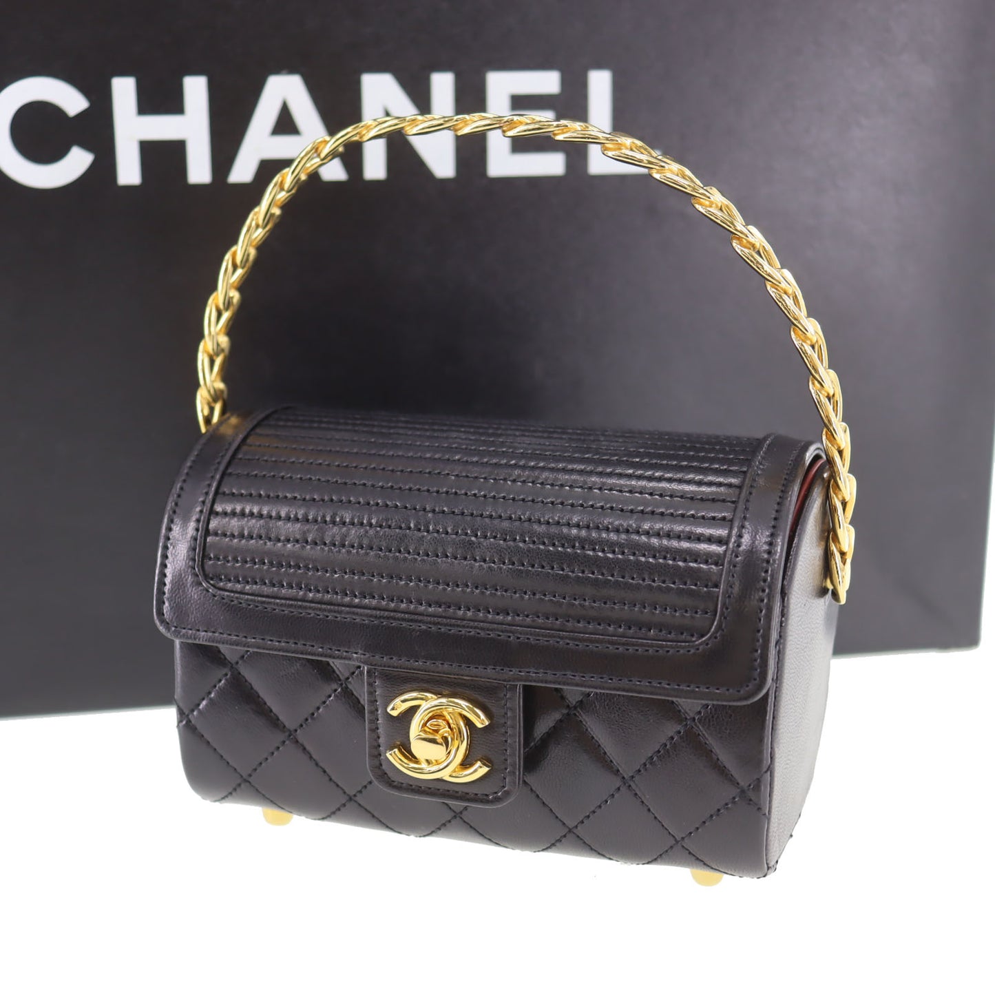 CHANEL Used Flap Mini Handbag Black Lambskin Leather #CY875