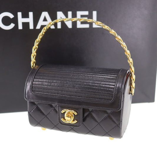 CHANEL Used Flap Mini Handbag Black Lambskin Leather #CY875