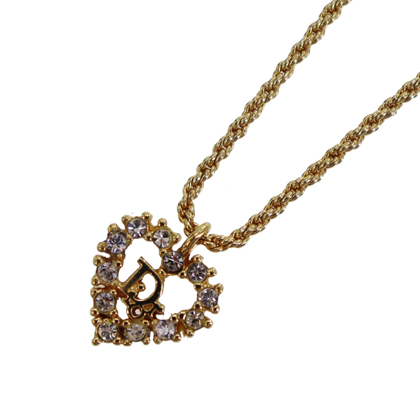 Christian Dior Logo Chain Heart Necklace Rhinestone Gold-Plated #CB315