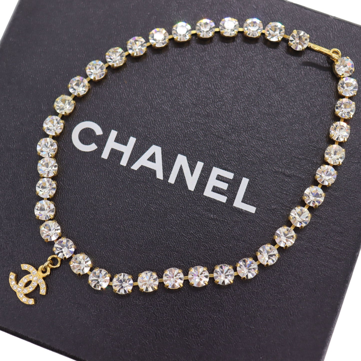CHANEL Logo Used Chain Necklace Rhinestone Gold 96A #CJ813