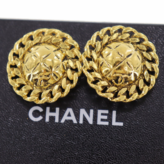 CHANEL Logos Chain Motif Earrings Gold Clip-On #BK663