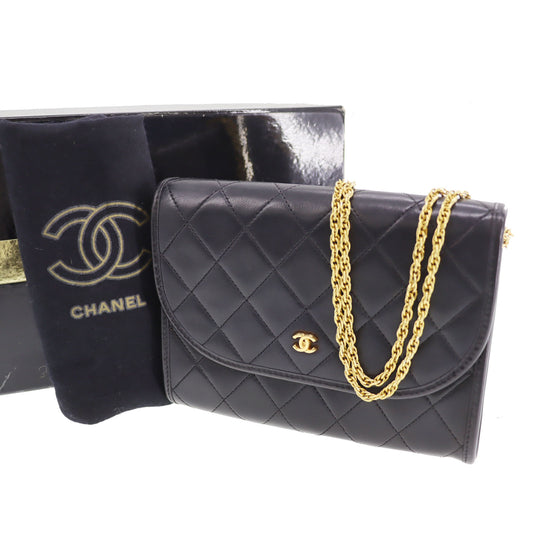 CHANEL Chain Handbag Pouch Black Leather #CJ729