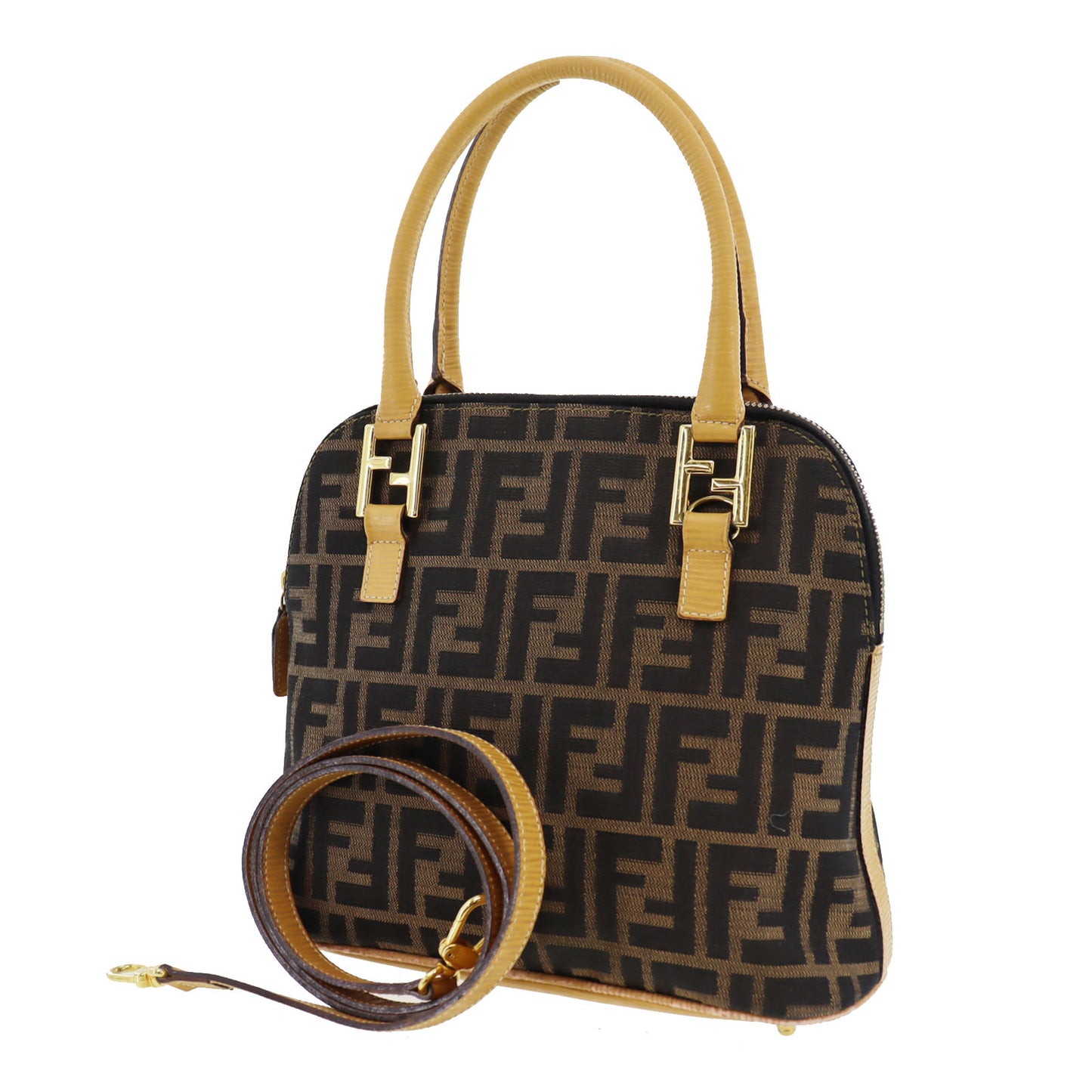 FENDI Zucca Handbag Brown Black Yellow Nylon Canvas #AH318