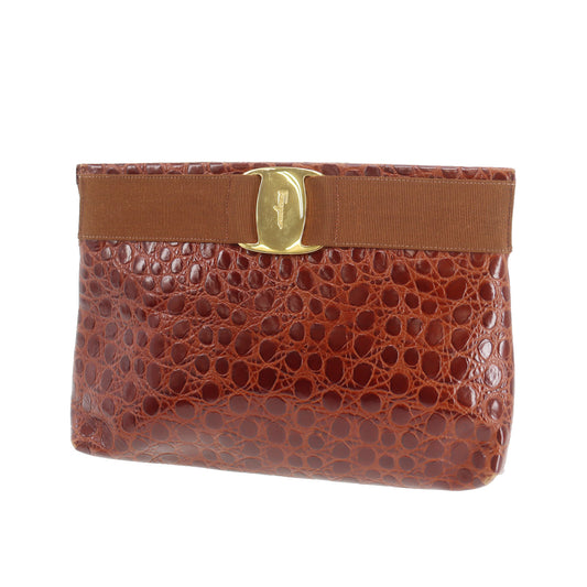 Salvatore Ferragamo 2way Clutch Shoulder Bag Brown Embossed Leather #AG164