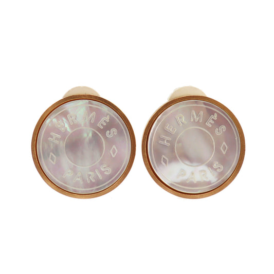 HERMES Circle Shell Gold Earrings Gold Clip-On #CN69