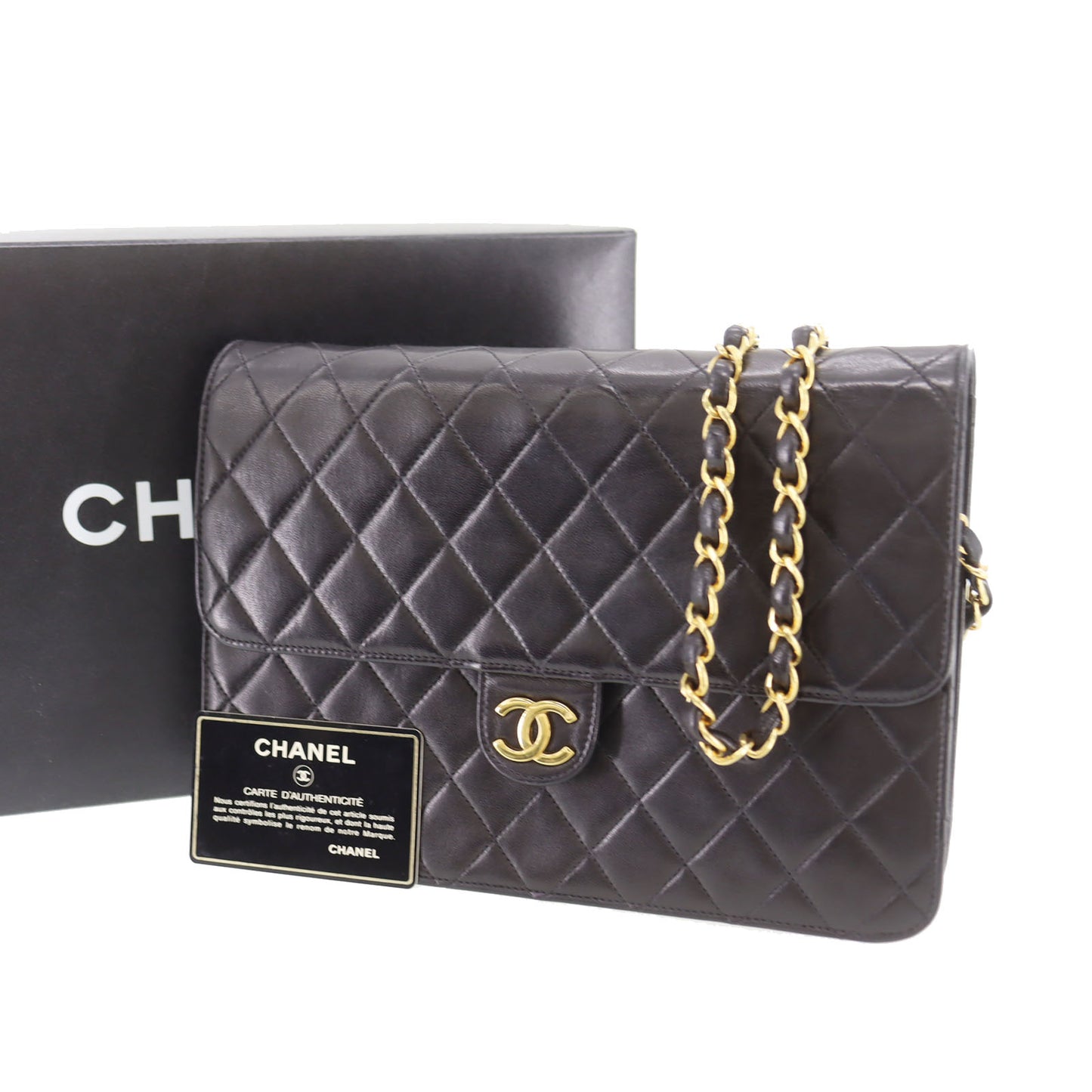 CHANEL Matelasse Used Shoulder Bag Black Lambskin Leather #CN886