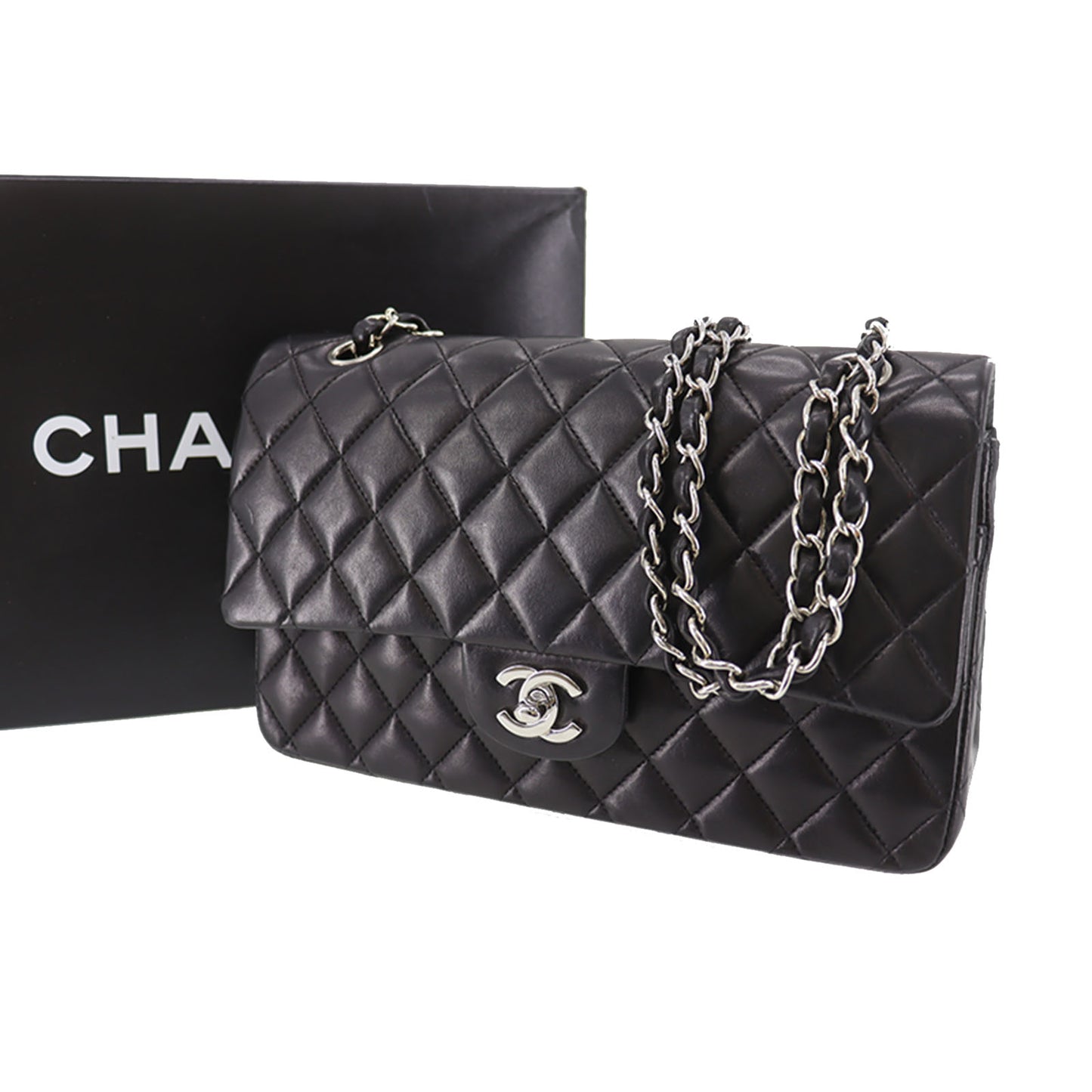 CHANEL Matelasse Double Flap Shoulder Bag Black Lambskin Leather #CG838