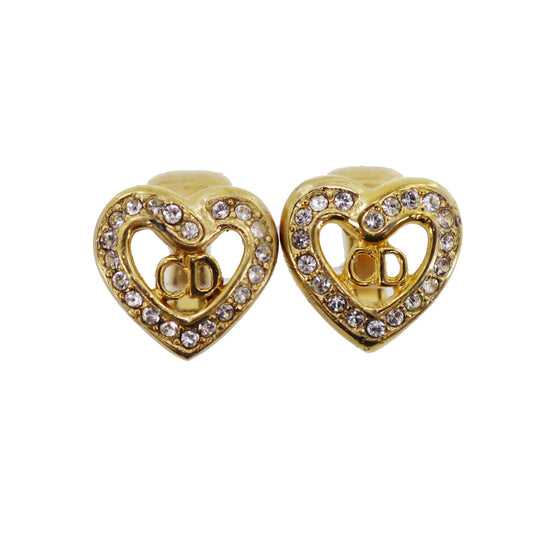 Christian Dior CD Logos Heart Rhinestone Earrings Gold Plated #BO767