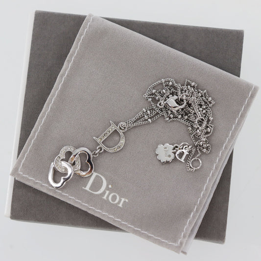 Christian Dior Logo Heart Rhinestone Chain Necklace Silver #CU411