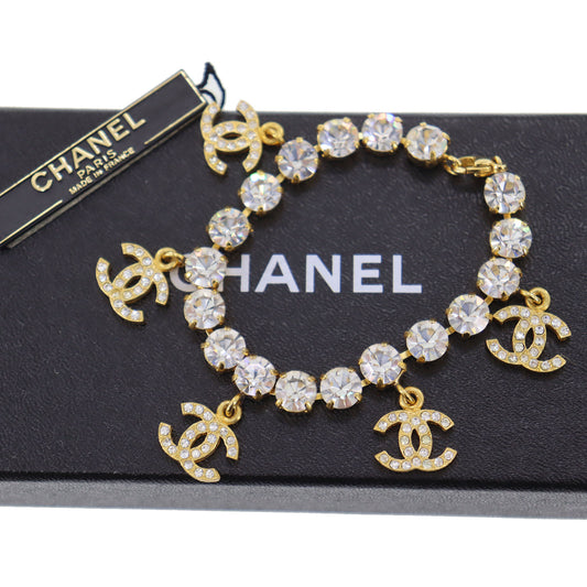 CHANEL CC Logos Rhinestone Bracelet Gold Plated 96 P #CS460