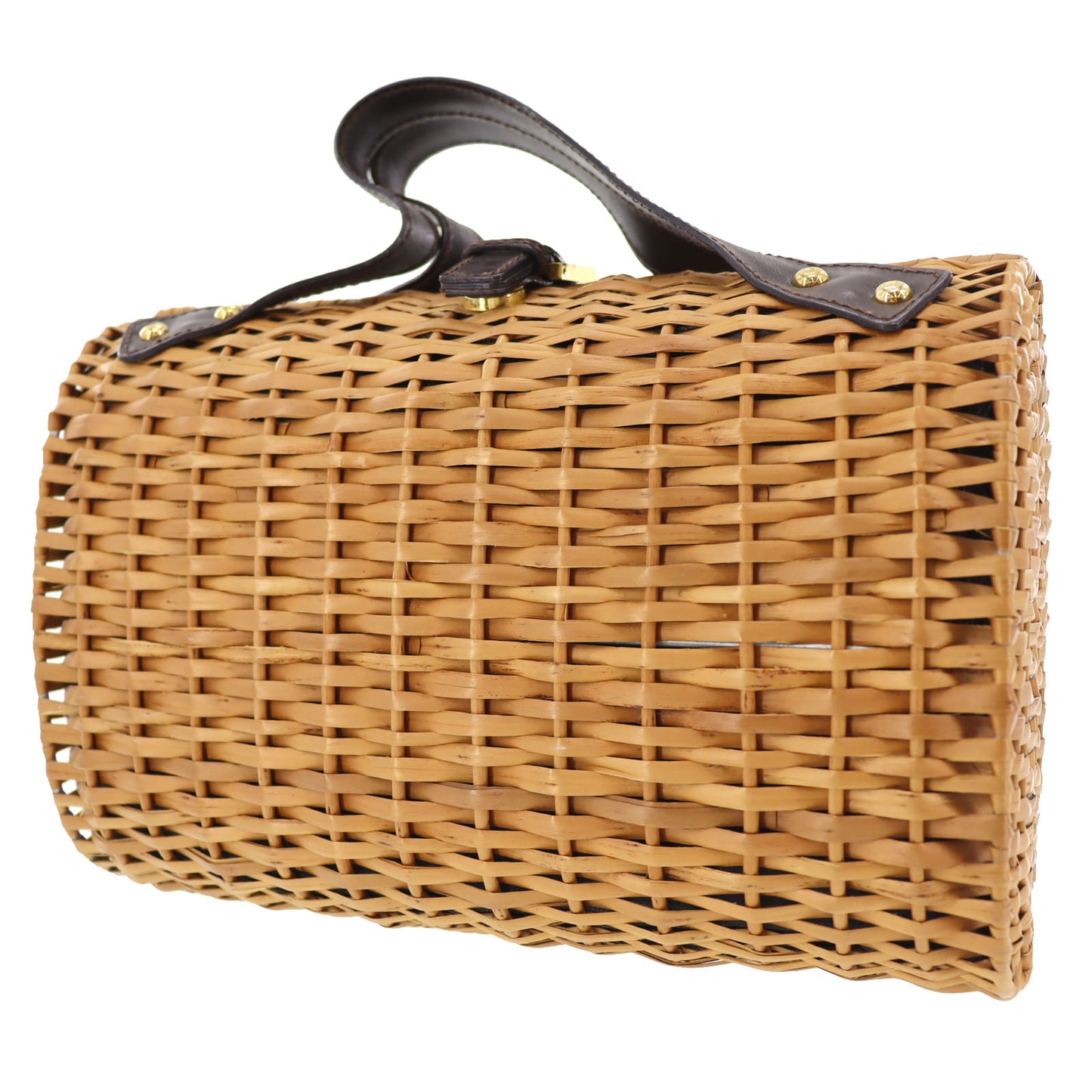 FENDI Rattan Basket Bag cylindrical Handbag Brown Leather #AG644