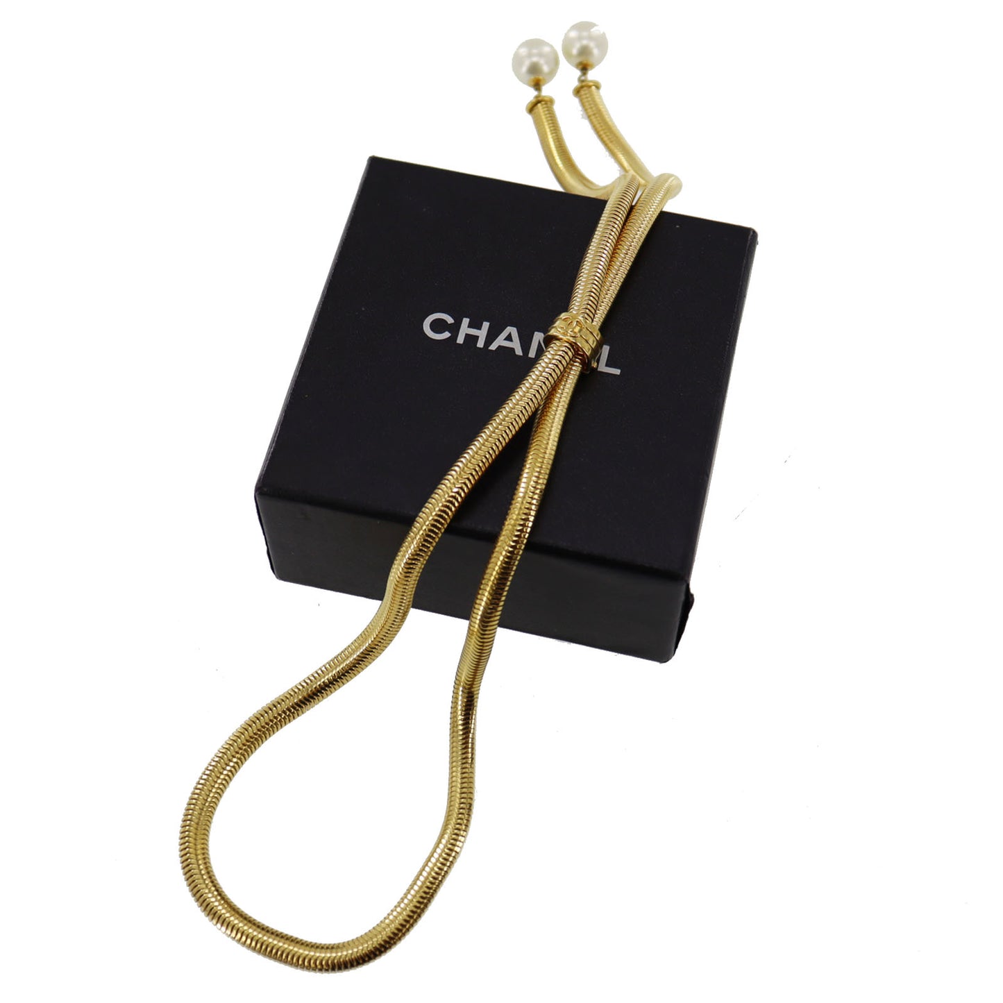 CHANEL CC Logos Gold Pearl Necklace 97P #AG99