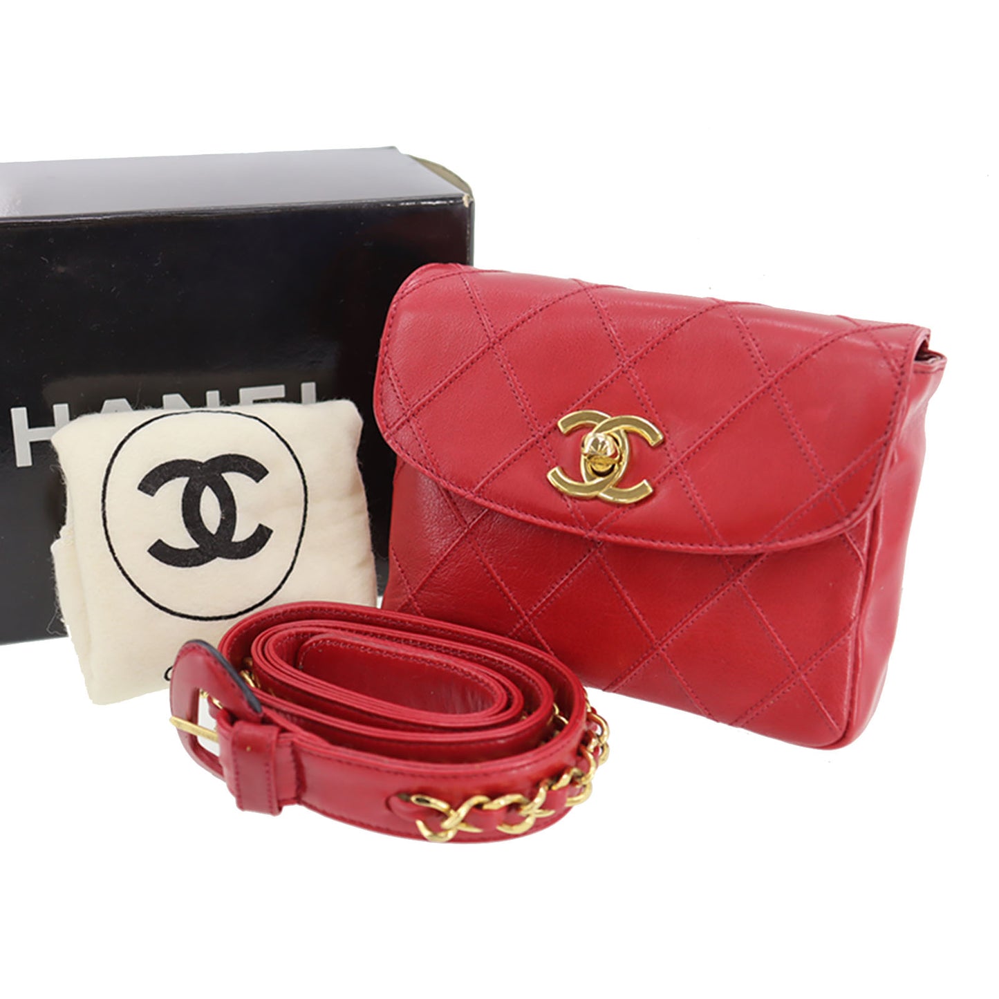 CHANEL Bicolore Bum Bag Red Leather Lambskin #CD921