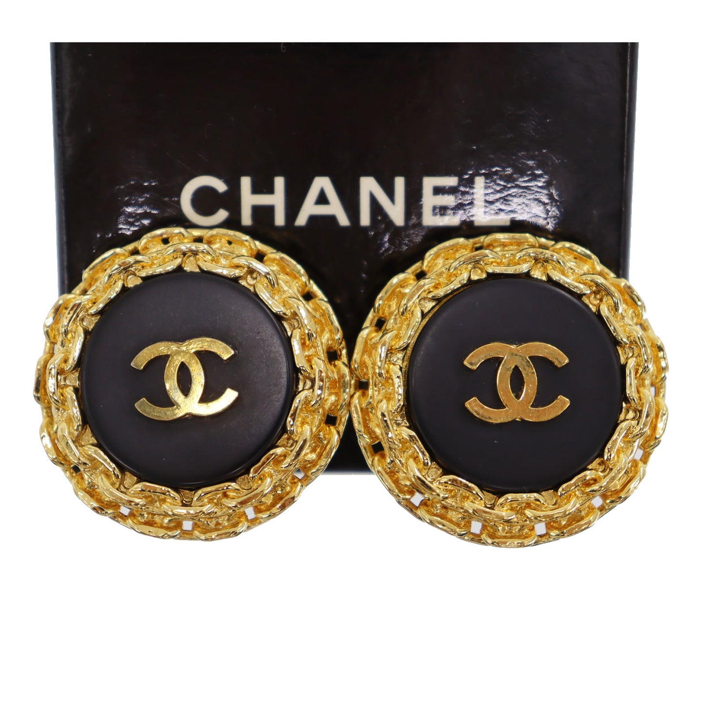 CHANEL CC Logos Earrings Gold Black Clip-On 2 9 #CH197