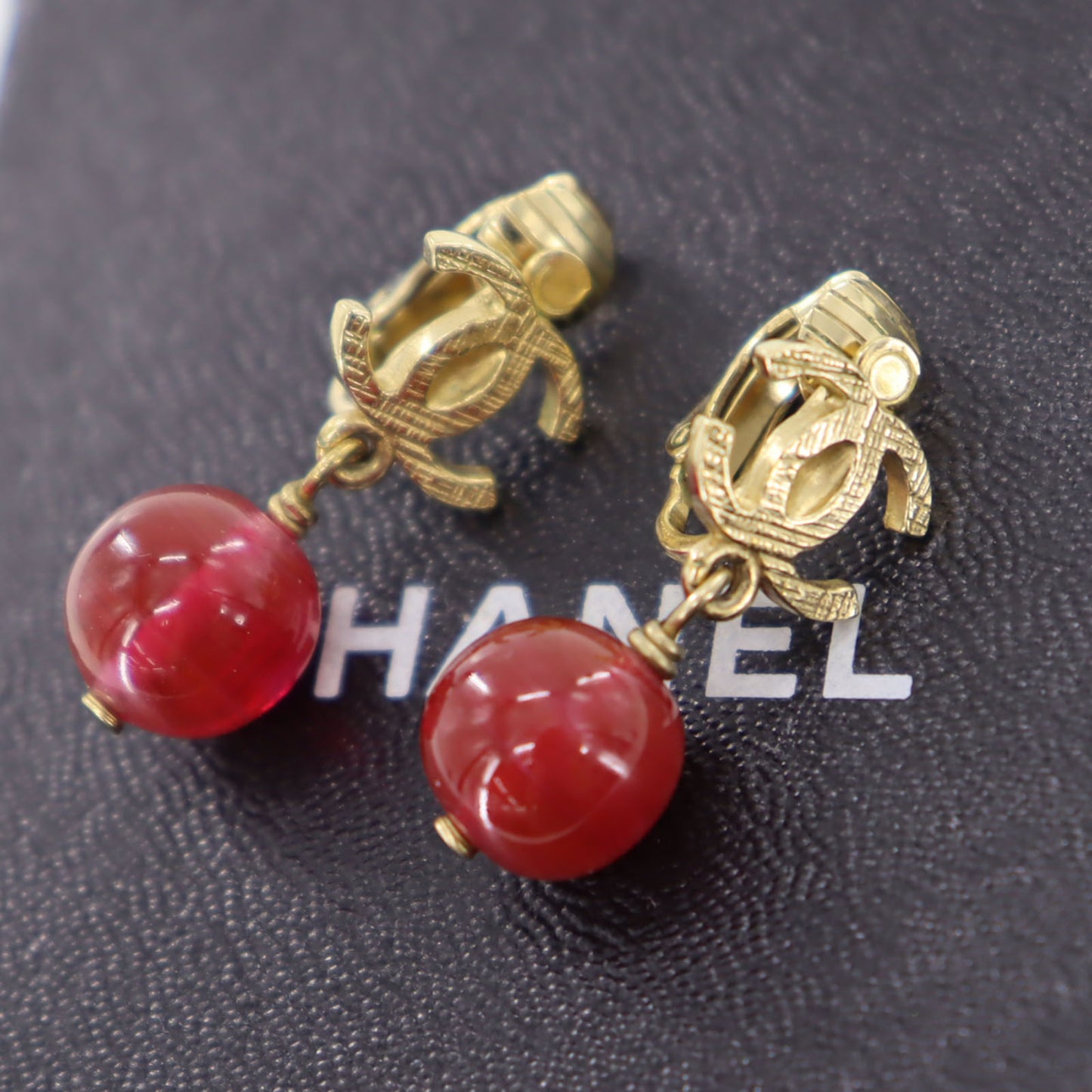 CHANEL CC Circle Logos Stone Earrings Gold Red Clip-On #AF990