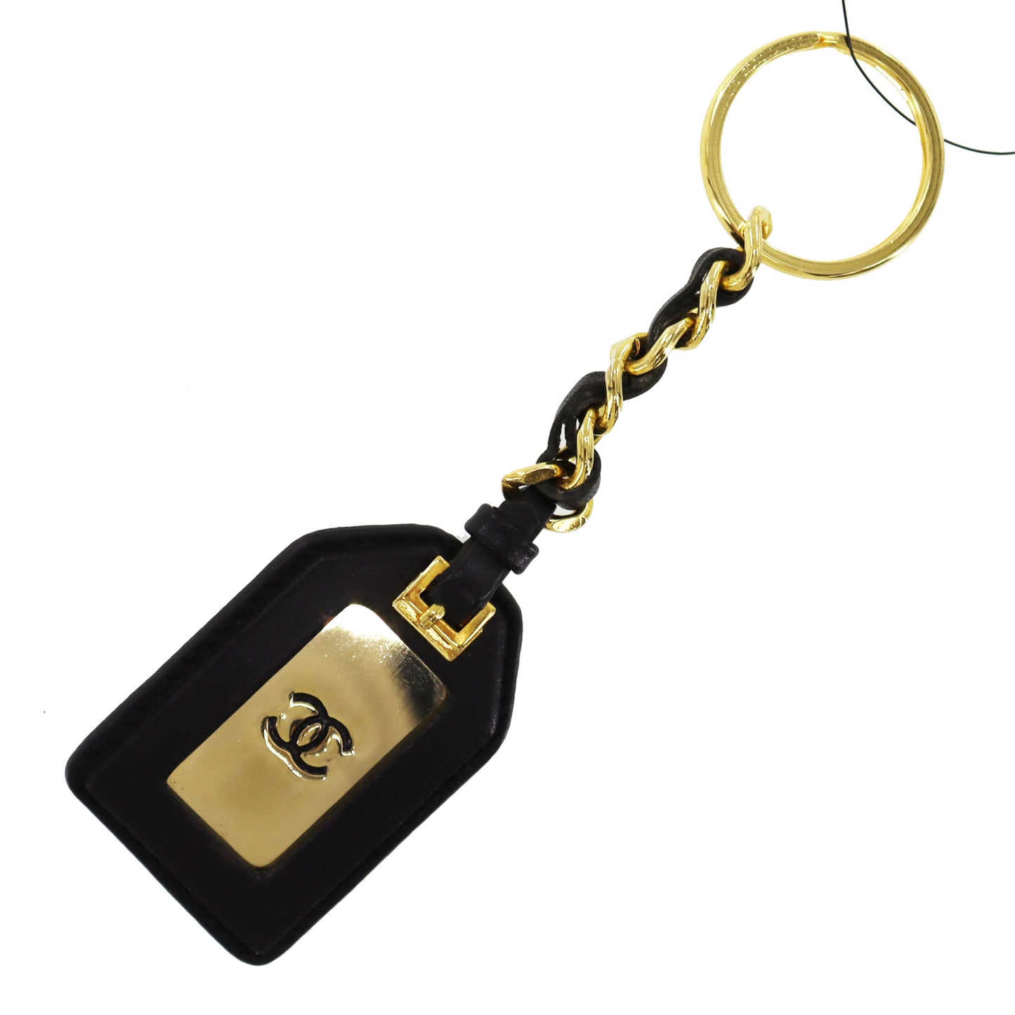 CHANEL CC Logos Keyring Gold Black Gold Plated Leather 94 P #AH541